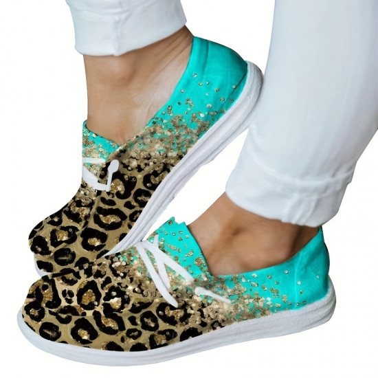 Women's Rhinestone & Leopard Decor Canvas Shoes, Low Top Lace Up Slip-on Shoes, Casual & Lightweight Shoes Women's Rhinestone & Leopard Decor Canvas Shoes, Low Top Lace Up Slip-on Shoes, Casual & Lightweight Shoes