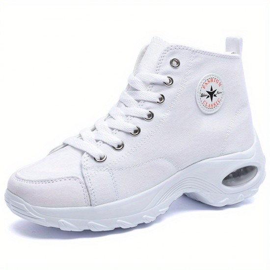 Women's Leisure Air Cushion Sneakers, Thick Bottom Mid Top Breathable Canvas Shoes, Women's Casual Shoes Women's Leisure Air Cushion Sneakers, Thick Bottom Mid Top Breathable Canvas Shoes, Women's Casual Shoes