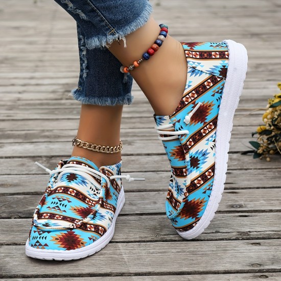 Women's Geometric Pattern Canvas Shoes, Casual Lace Up Outdoor Shoes, Lightweight Low Top Sneakers Women's Geometric Pattern Canvas Shoes, Casual Lace Up Outdoor Shoes, Lightweight Low Top Sneakers