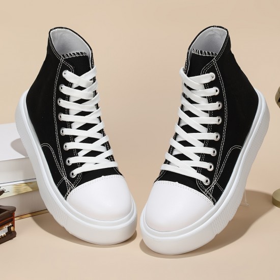 Women's Solid Color Casual Shoes, Lace Up Comfy Platform Soft Sole Shoes, Versatile High-top Canvas Shoes Women's Solid Color Casual Shoes, Lace Up Comfy Platform Soft Sole Shoes, Versatile High-top Canvas Shoes