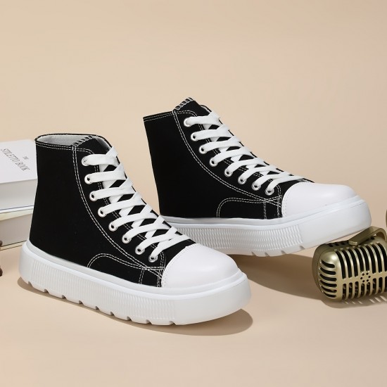 Women's Solid Color Casual Shoes, Lace Up Comfy Platform Soft Sole Shoes, Versatile High-top Canvas Shoes Women's Solid Color Casual Shoes, Lace Up Comfy Platform Soft Sole Shoes, Versatile High-top Canvas Shoes