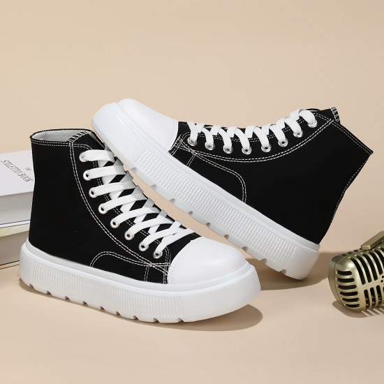 Women's Solid Color Casual Shoes, Lace Up Comfy Platform Soft Sole Shoes, Versatile High-top Canvas Shoes Women's Solid Color Casual Shoes, Lace Up Comfy Platform Soft Sole Shoes, Versatile High-top Canvas Shoes