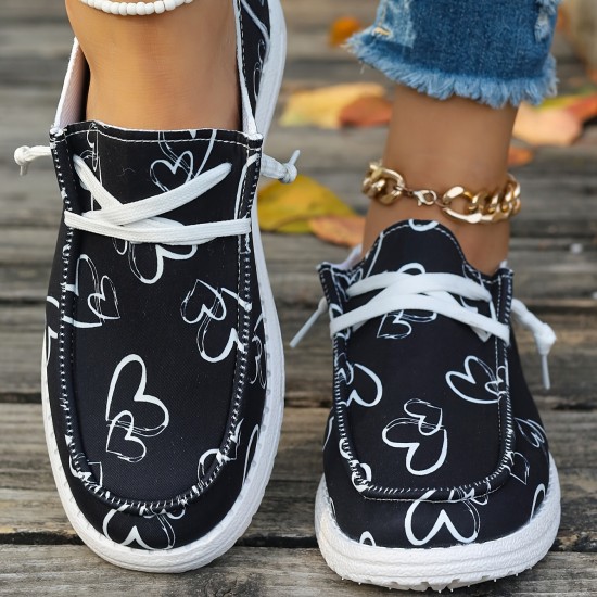 Women's Heart Pattern Loafers, Lightweight Slip On Casual Soft Sole Shoes, Valentine's Day Canvas Shoes Women's Heart Pattern Loafers, Lightweight Slip On Casual Soft Sole Shoes, Valentine's Day Canvas Shoes
