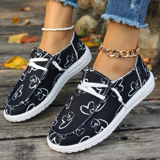Women's Heart Pattern Loafers, Lightweight Slip On Casual Soft Sole Shoes, Valentine's Day Canvas Shoes Women's Heart Pattern Loafers, Lightweight Slip On Casual Soft Sole Shoes, Valentine's Day Canvas Shoes