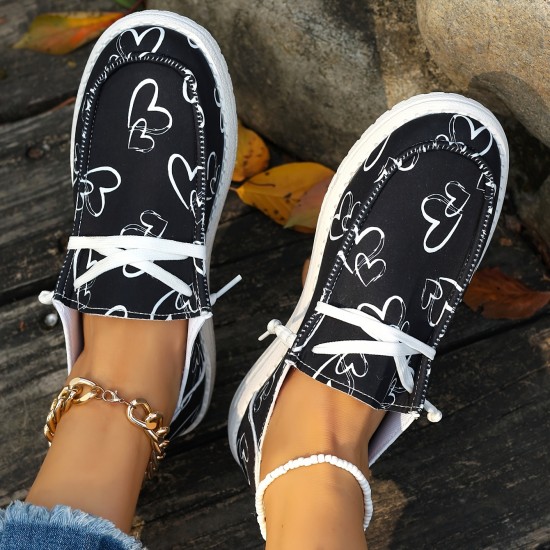 Women's Heart Pattern Loafers, Lightweight Slip On Casual Soft Sole Shoes, Valentine's Day Canvas Shoes Women's Heart Pattern Loafers, Lightweight Slip On Casual Soft Sole Shoes, Valentine's Day Canvas Shoes