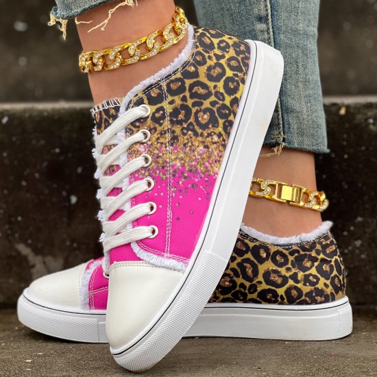 Women's Leopard Print Canvas Shoes, Casual Glitter Sequins Decor Lace Up Shoes, Lightweight Low Top Sneakers Women's Leopard Print Canvas Shoes, Casual Glitter Sequins Decor Lace Up Shoes, Lightweight Low Top Sneakers