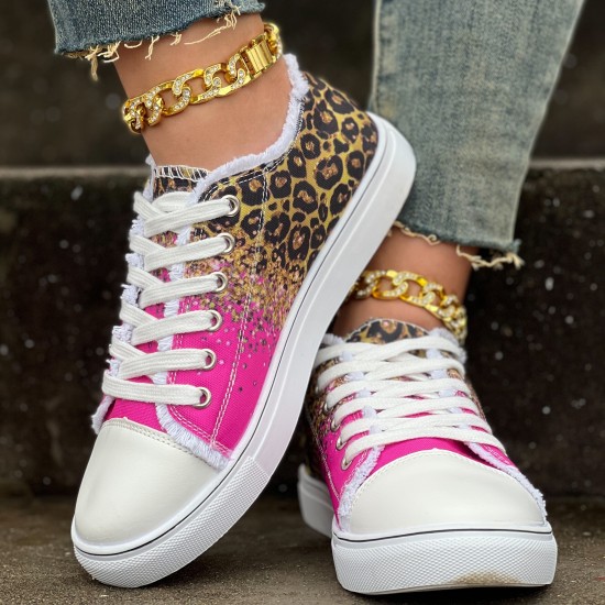 Women's Leopard Print Canvas Shoes, Casual Glitter Sequins Decor Lace Up Shoes, Lightweight Low Top Sneakers Women's Leopard Print Canvas Shoes, Casual Glitter Sequins Decor Lace Up Shoes, Lightweight Low Top Sneakers