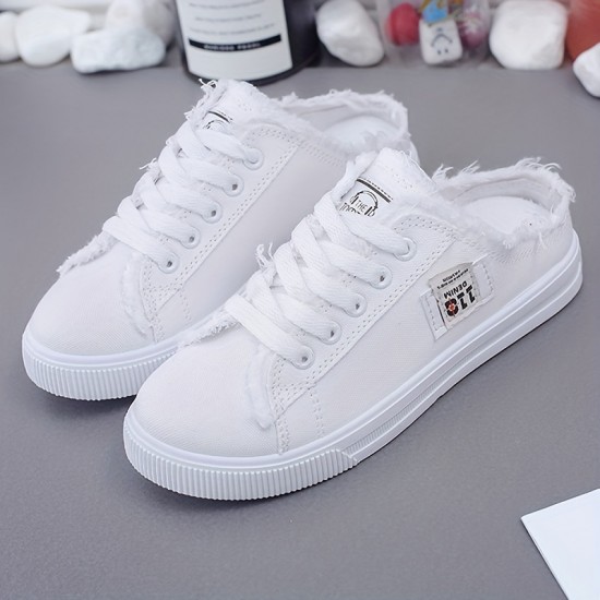 Women's Solid Canvas Slippers, Platform Round Toe All-match Lace Up Breathable Slip On Shoes, Women's Footwear Women's Solid Canvas Slippers, Platform Round Toe All-match Lace Up Breathable Slip On Shoes, Women's Footwear