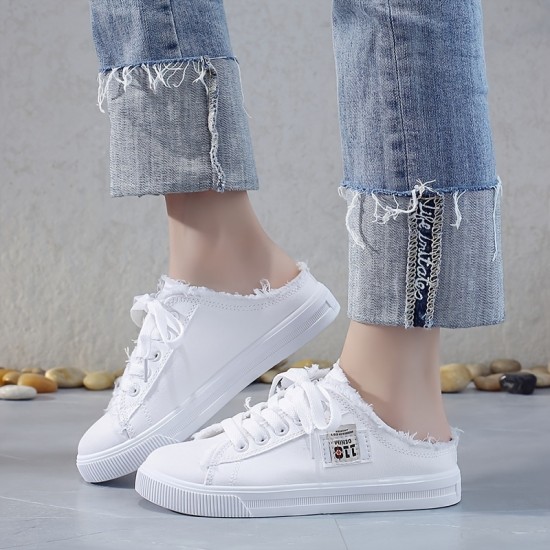Women's Solid Canvas Slippers, Platform Round Toe All-match Lace Up Breathable Slip On Shoes, Women's Footwear Women's Solid Canvas Slippers, Platform Round Toe All-match Lace Up Breathable Slip On Shoes, Women's Footwear