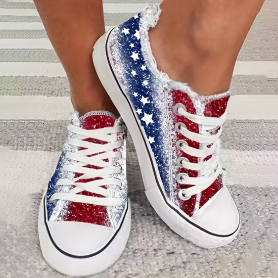 Women's Star Pattern Canvas Shoes, Casual Lace Up Outdoor Shoes, Lightweight Independence Day Shoes Women's Star Pattern Canvas Shoes, Casual Lace Up Outdoor Shoes, Lightweight Independence Day Shoes