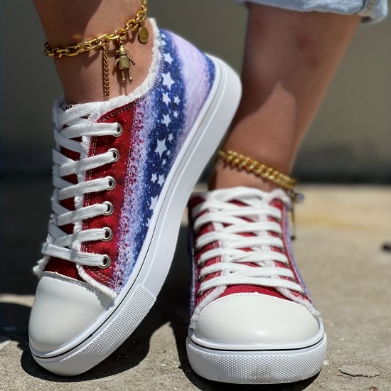 Women's Star Pattern Canvas Shoes, Casual Lace Up Outdoor Shoes, Lightweight Independence Day Shoes Women's Star Pattern Canvas Shoes, Casual Lace Up Outdoor Shoes, Lightweight Independence Day Shoes