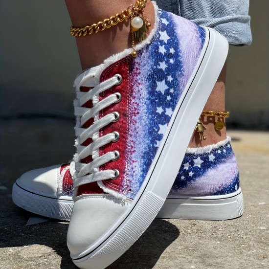 Women's Star Pattern Canvas Shoes, Casual Lace Up Outdoor Shoes, Lightweight Independence Day Shoes Women's Star Pattern Canvas Shoes, Casual Lace Up Outdoor Shoes, Lightweight Independence Day Shoes