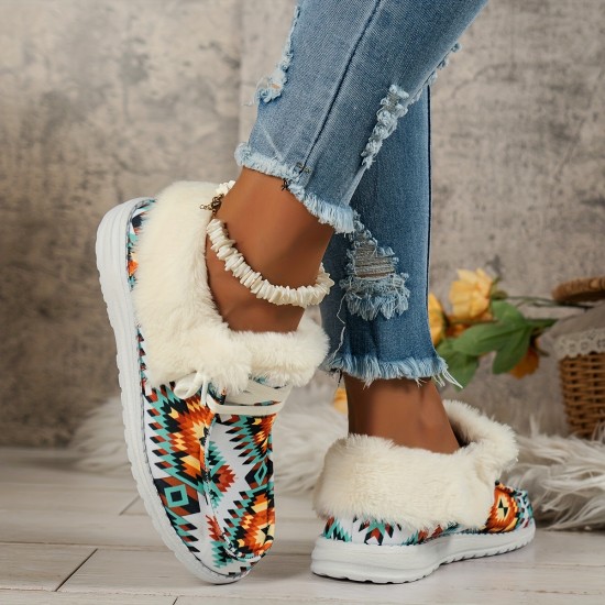 Women's Geometric Pattern Canvas Shoes, Casual Lace Up Plush Lined Shoes, Comfortable Low Top Sneakers Women's Geometric Pattern Canvas Shoes, Casual Lace Up Plush Lined Shoes, Comfortable Low Top Sneakers