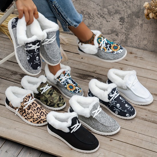Women's Fluffy Fleece Lined Canvas Shoes, Thermal Slip On Low Top Shoes, Winter Warm Flat Shoes Women's Fluffy Fleece Lined Canvas Shoes, Thermal Slip On Low Top Shoes, Winter Warm Flat Shoes