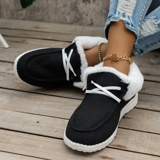 Women's Fluffy Fleece Lined Canvas Shoes, Thermal Slip On Low Top Shoes, Winter Warm Flat Shoes Women's Fluffy Fleece Lined Canvas Shoes, Thermal Slip On Low Top Shoes, Winter Warm Flat Shoes
