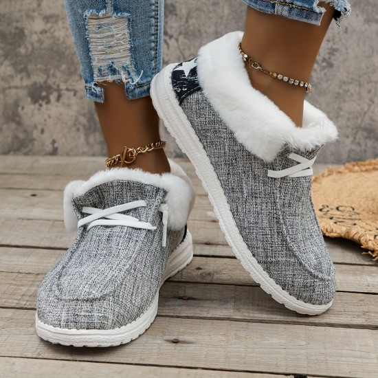 Women's Fluffy Fleece Lined Canvas Shoes, Thermal Slip On Low Top Shoes, Winter Warm Flat Shoes Women's Fluffy Fleece Lined Canvas Shoes, Thermal Slip On Low Top Shoes, Winter Warm Flat Shoes