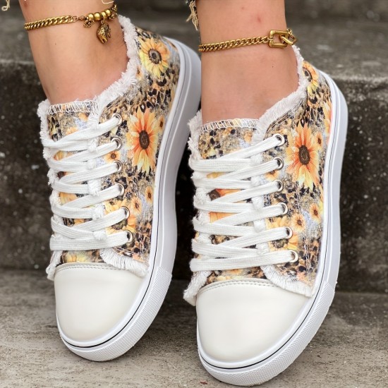 Women's Sunflower Print Canvas Shoes, Casual Lace Up Outdoor Shoes, Lightweight Low Top Walking Shoes Women's Sunflower Print Canvas Shoes, Casual Lace Up Outdoor Shoes, Lightweight Low Top Walking Shoes