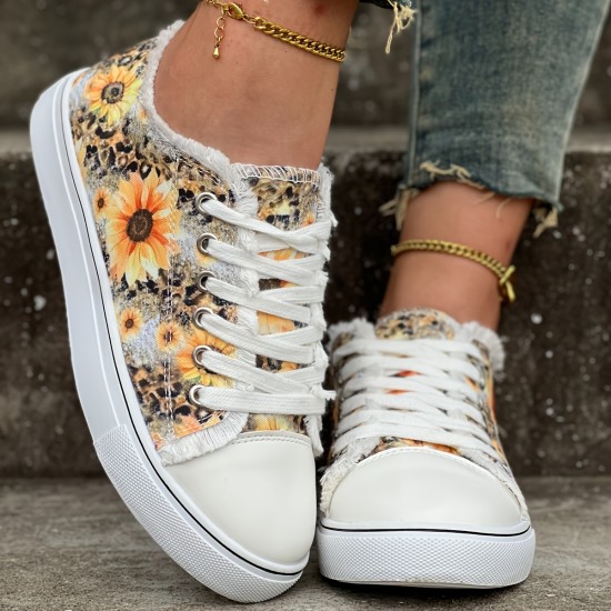Women's Sunflower Print Canvas Shoes, Casual Lace Up Outdoor Shoes, Lightweight Low Top Walking Shoes Women's Sunflower Print Canvas Shoes, Casual Lace Up Outdoor Shoes, Lightweight Low Top Walking Shoes