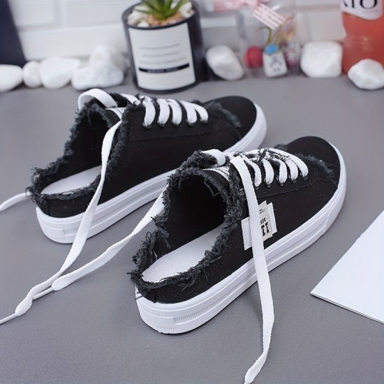 Women's Solid Color Canvas Shoes, Slip On Lace Up Round Toe Non-slip Half Drag Casual Slides Shoes, Comfy Outdoor Shoes Women's Solid Color Canvas Shoes, Slip On Lace Up Round Toe Non-slip Half Drag Casual Slides Shoes, Comfy Outdoor Shoes