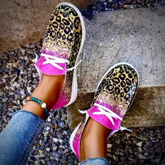 Women's Leopard Print Canvas Shoes, Fashion Round Toe Low Top Slip On Loafers, Casual Flat Sneakers Women's Leopard Print Canvas Shoes, Fashion Round Toe Low Top Slip On Loafers, Casual Flat Sneakers