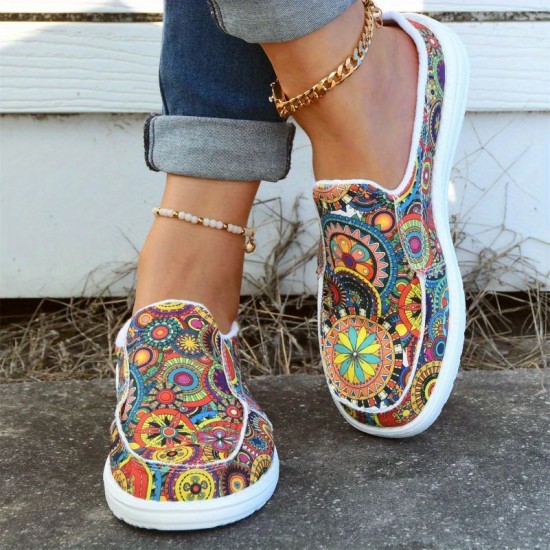 Women's Floral Print Canvas Shoes, Slip-on Round Toe Lightweight Casual Shoes, Women's Comfy Walking Flat Shoes Women's Floral Print Canvas Shoes, Slip-on Round Toe Lightweight Casual Shoes, Women's Comfy Walking Flat Shoes