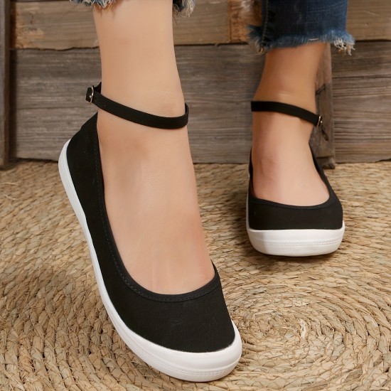 Women's Balck Canvas Shoes, Casual Buckle Strap Flat Shoes, Women's Daily Outdoor Shoes Women's Balck Canvas Shoes, Casual Buckle Strap Flat Shoes, Women's Daily Outdoor Shoes