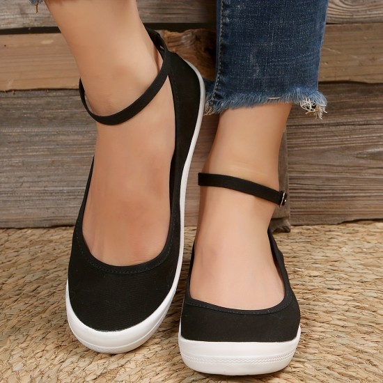 Women's Balck Canvas Shoes, Casual Buckle Strap Flat Shoes, Women's Daily Outdoor Shoes Women's Balck Canvas Shoes, Casual Buckle Strap Flat Shoes, Women's Daily Outdoor Shoes