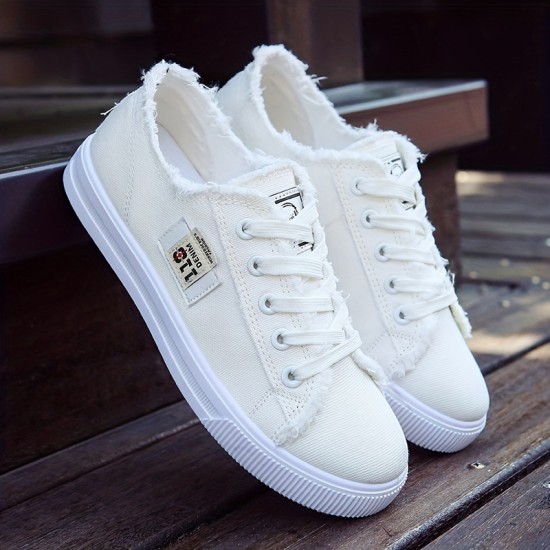 Women's Classic Canvas Flat Shoes, Solid Color Lace Up Low-top Casual Shoes, Women's Comfy Footwear Women's Classic Canvas Flat Shoes, Solid Color Lace Up Low-top Casual Shoes, Women's Comfy Footwear