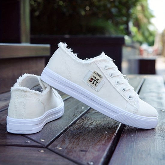 Women's Classic Canvas Flat Shoes, Solid Color Lace Up Low-top Casual Shoes, Women's Comfy Footwear Women's Classic Canvas Flat Shoes, Solid Color Lace Up Low-top Casual Shoes, Women's Comfy Footwear