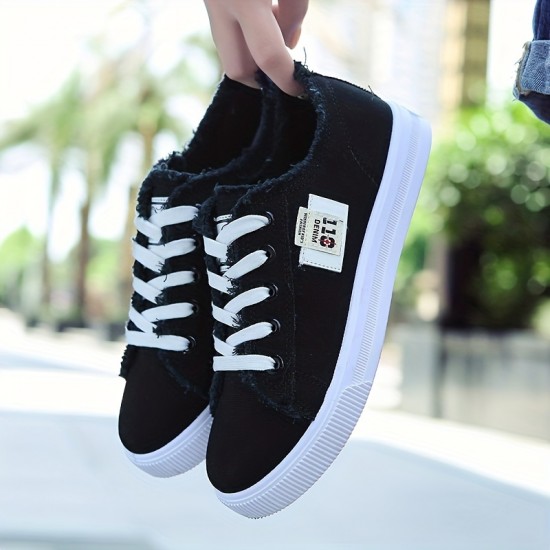 Women's Classic Canvas Flat Shoes, Solid Color Lace Up Low-top Casual Shoes, Women's Comfy Footwear Women's Classic Canvas Flat Shoes, Solid Color Lace Up Low-top Casual Shoes, Women's Comfy Footwear