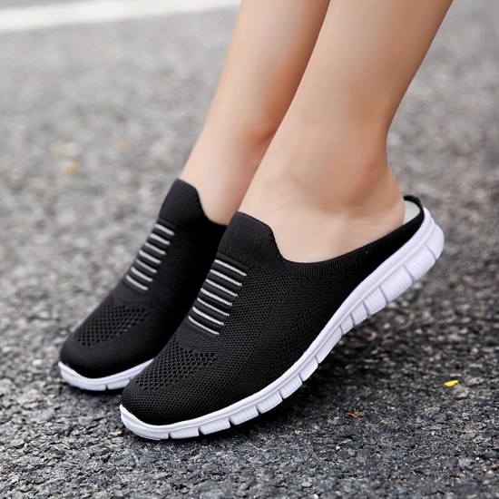 Women's Knit Flat Mules, Comfy Solid Color Closed Toe Non Slip Slides Shoes, Casual Outdoor Slippers Women's Knit Flat Mules, Comfy Solid Color Closed Toe Non Slip Slides Shoes, Casual Outdoor Slippers