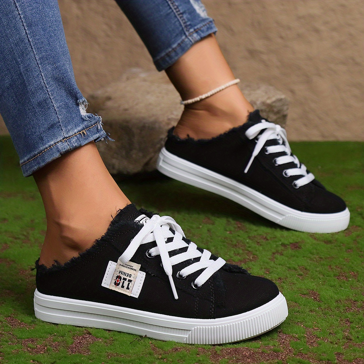 womens simple canvas shoes casual lace up mule sneakers lightweight comfortable shoes details 3