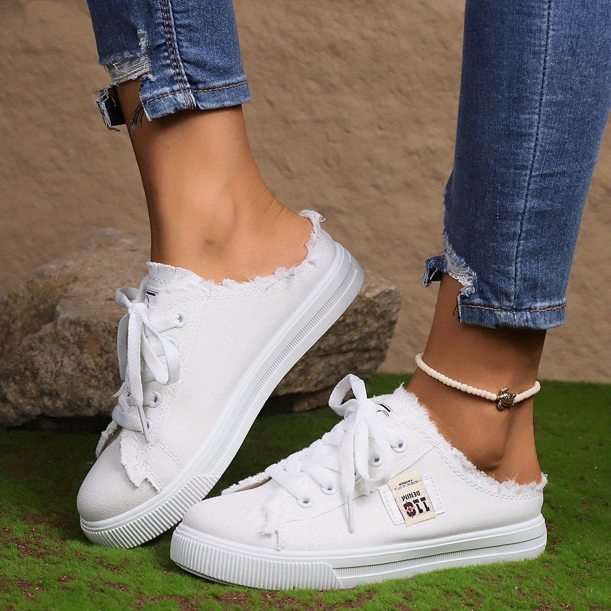 womens simple canvas shoes casual lace up mule sneakers lightweight comfortable shoes details 9